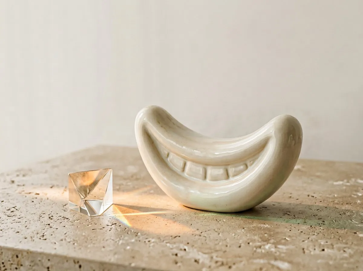 Glanzende keramische glimlach-sculptuur met glazen prisma